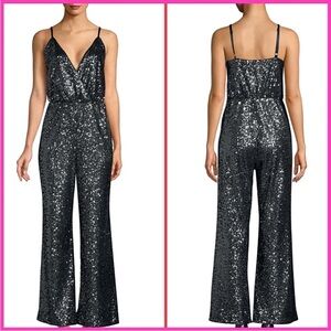 $228 LAUNDRY BY SHELLI SEGAL Sz2 WIDE-LEG ALLOVER SEQUINED JUMPSUIT BLACK Gray